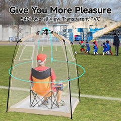 Weather Proof Pod sports tent sealed floor keeps belongings dry during rain.