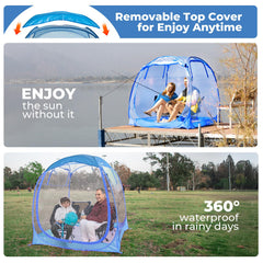 Weather Proof Pod sports tent blue top cover demonstrates removable sun and rain protection.