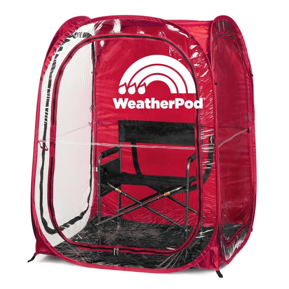 WeatherPod by Under the Weather in red, folded compact for portable shelter.