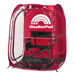 WeatherPod by Under the Weather in red, folded compact for portable shelter.