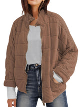 Wefebi women's dolman quilted jacket front-zip light brown for everyday warmth
