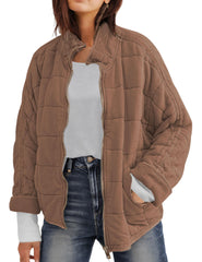 Wefebi women's dolman quilted jacket front-zip light brown for everyday warmth
