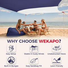 WEKAPO 4-pole beach tent shows sturdy frame for reliable beach shelter.