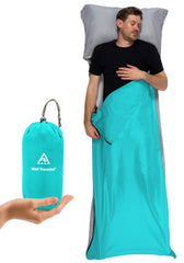 Well Traveled sleeping bag liner teal with right zipper for clean, comfortable nights.