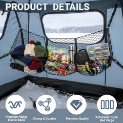 Close-up of nylon cargo net pockets (3 compartments)