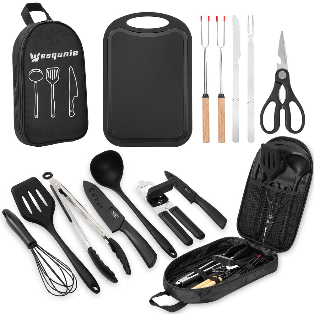 Wesqunie 14-piece camping cookware kit ready for organized car camping cooking on the go