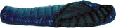 Western Mountaineering MegaLite 30°F bag in navy blue, roomy shoulder girth for comfort.