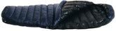 Western Mountaineering TerraLite left-zip navy bag offering side-sleeper comfort.