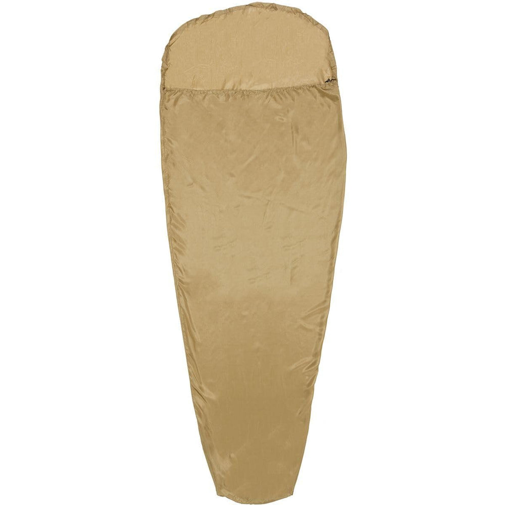 Western Mountaineering Tioga Silk Sleep Liner Taper Gold adds lightweight warmth for backpacking.