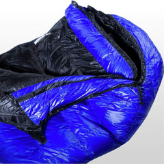 Western Mountaineering Ultralite full-down collar highlights neck warmth without bulk.