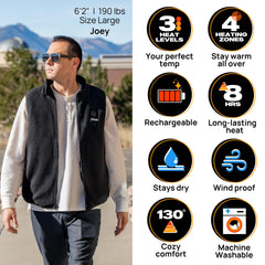 Weston Men's Heated Fleece Vest four zones mapped to chest, back, and collar warmth.