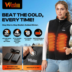 Weston heated fleece vest showing four heating zones for targeted warmth.