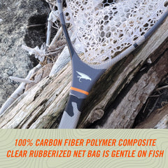 Close-up of fish-friendly rubber netting on WETFLY carbon fiber net