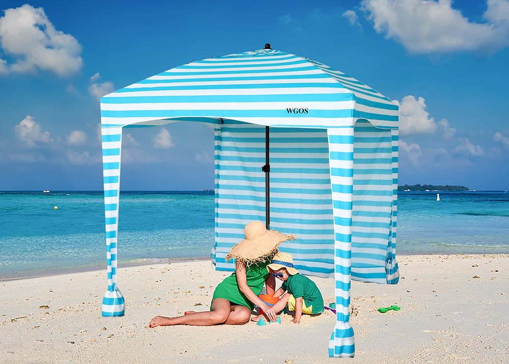 WGOS beach tent 6x6 blue stripe, top view, adds ample shade for family days