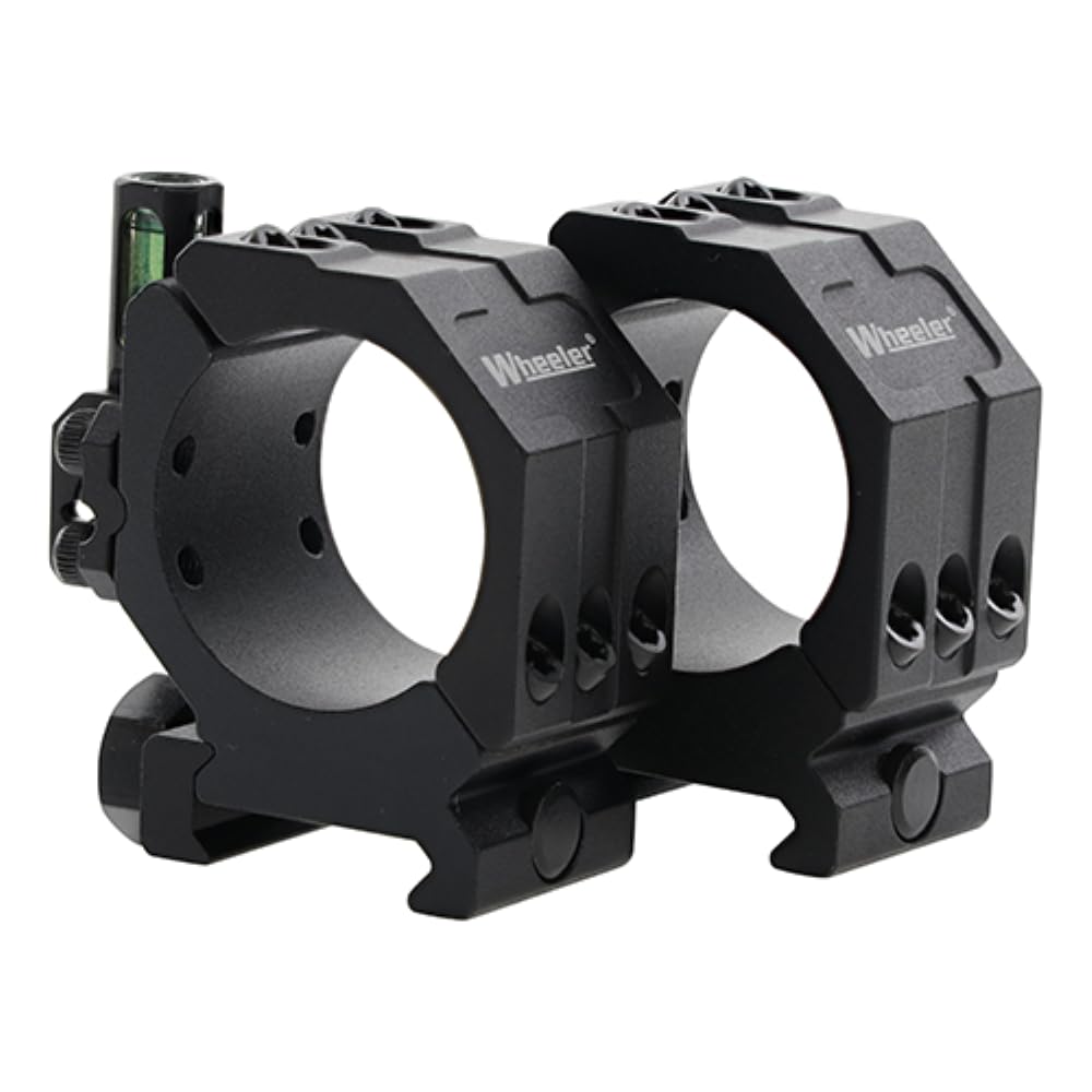 Wheeler 2-piece Picatinny rail scope rings mounted on rifle for secure alignment.