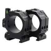 Wheeler 2-piece Picatinny rail scope rings mounted on rifle for secure alignment.