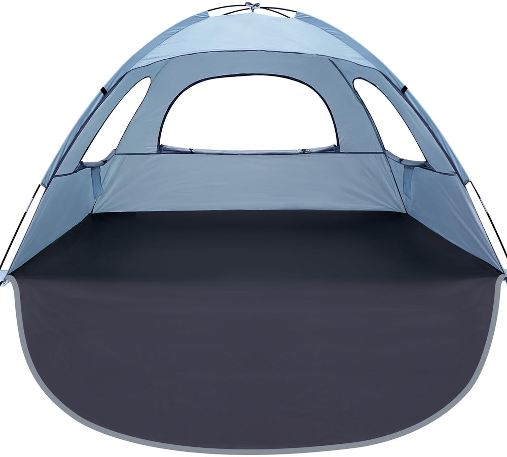 WhiteFang Beach Tent Sierra Blue front view showcases a sturdy structure and family-friendly shade for a comfortable seaside day.