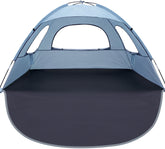 WhiteFang Beach Tent Sierra Blue front view showcases a sturdy structure and family-friendly shade for a comfortable seaside day.