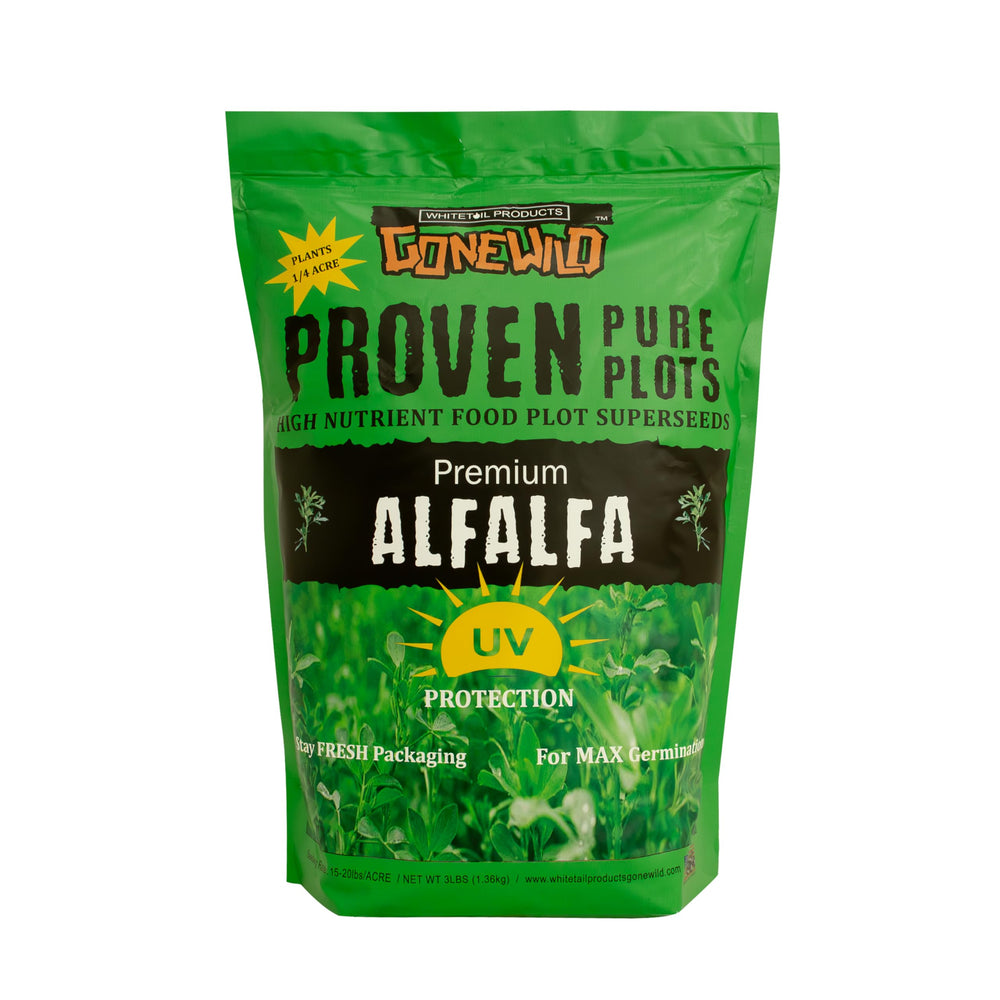 Whitetail Products Gone Wild alfalfa seed packaging with UV protection for germination