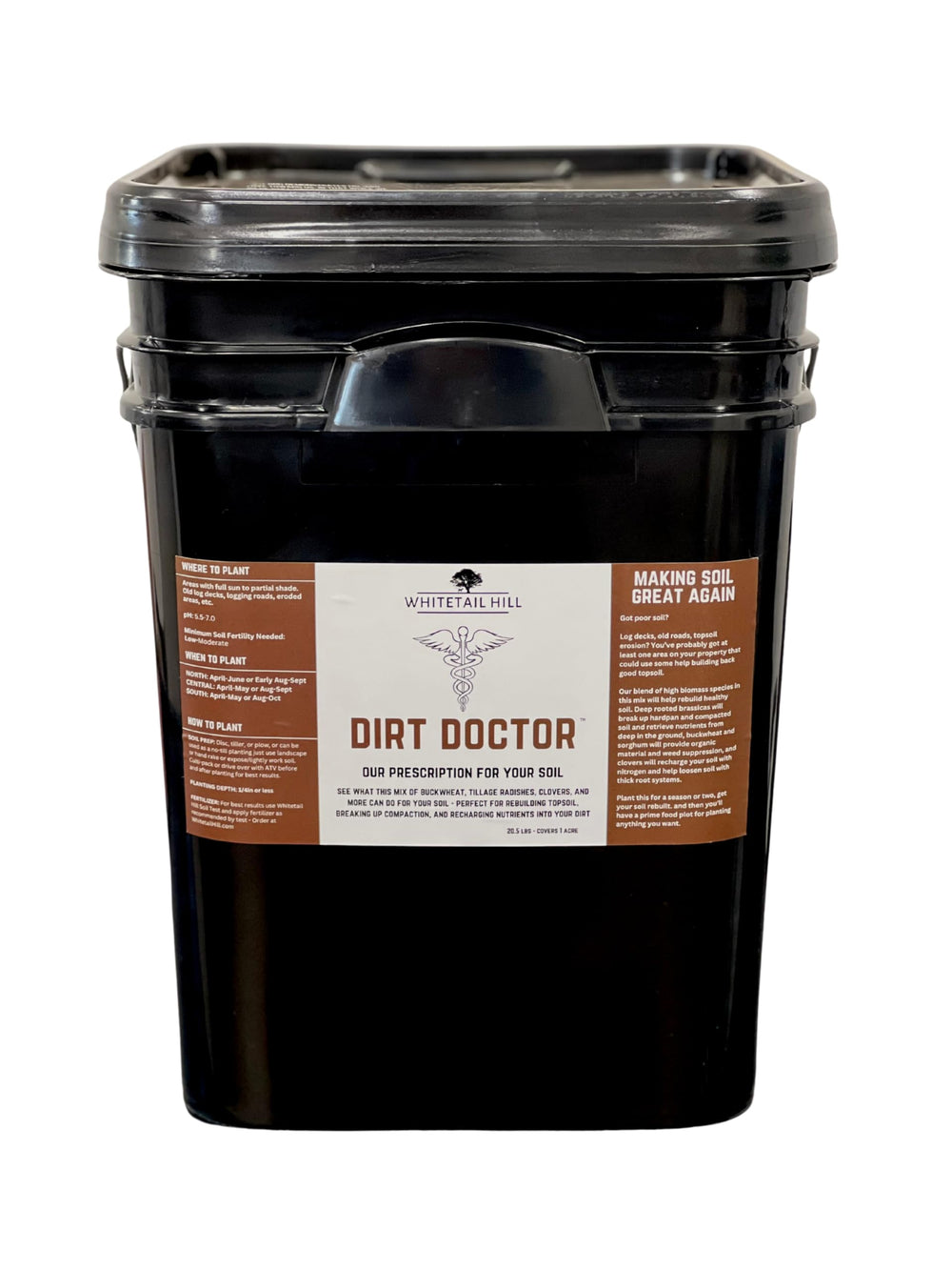 Whitetail Hill Dirt Doctor seed mix bag promotes soil revival and deer forage
