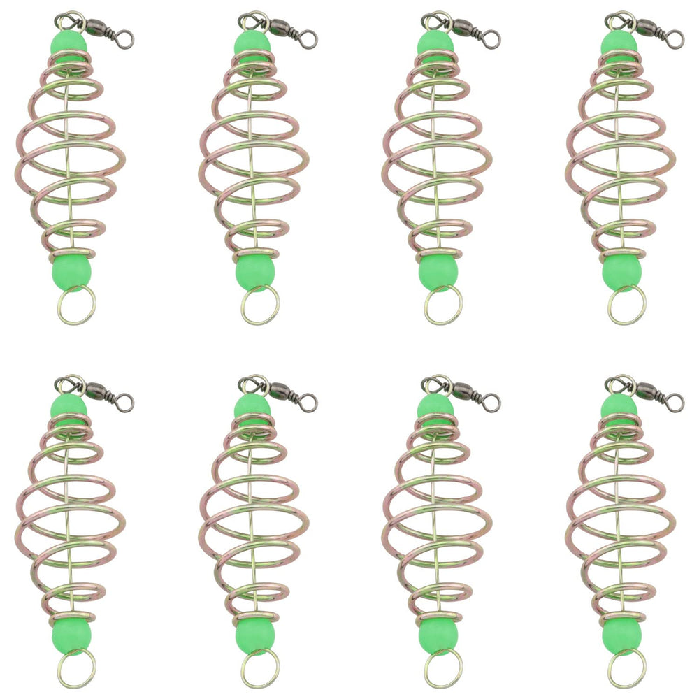 WHYHKJ 8pcs Spring Fishing Feeder – inline bait cage close-up (gold and green)