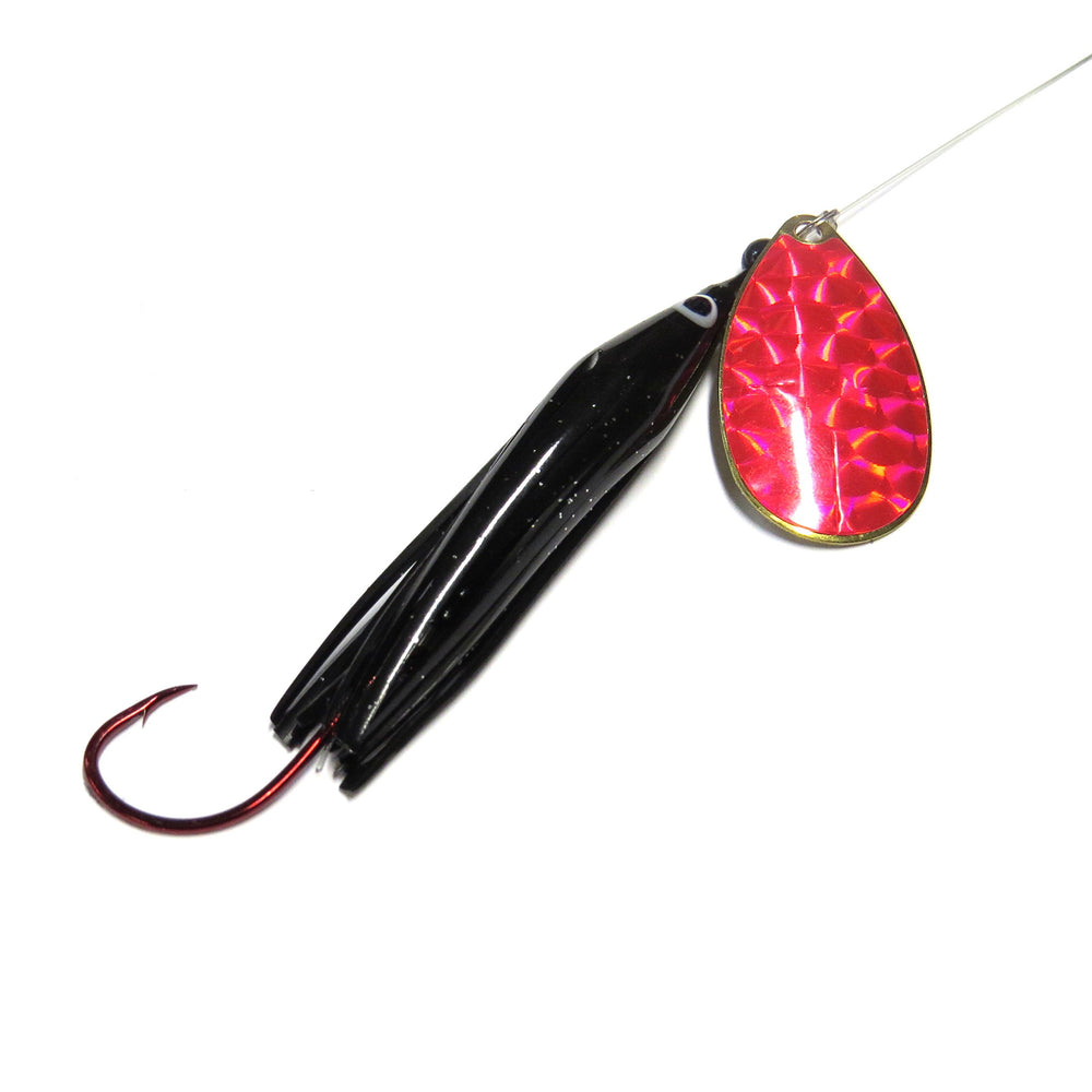 Wicked Lures Black-Pink lure with pink brass blade for salmon and steelhead.