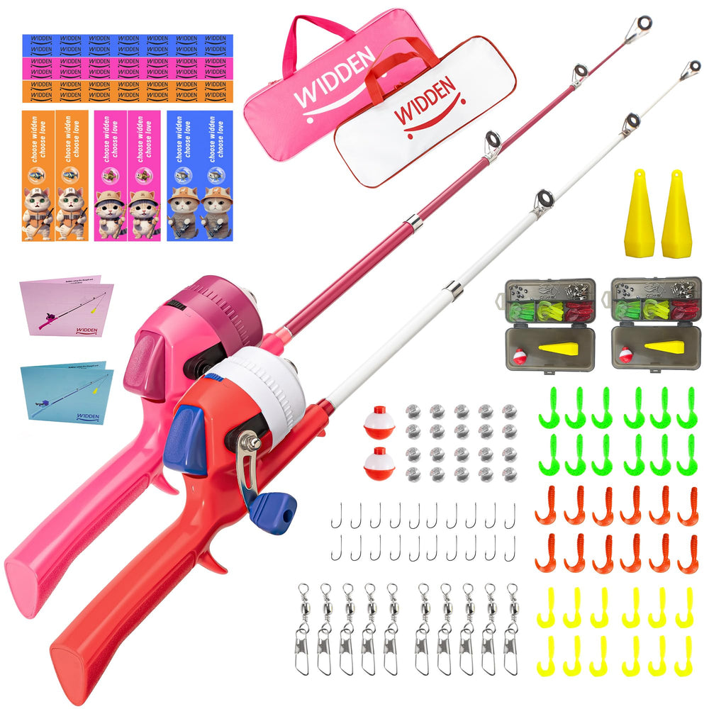 WIDDEN kids fishing pole extended in red and pink for easy casting and play