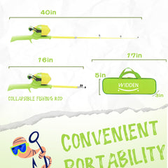 WIDDEN kids fishing pole reel setup shows beginner-friendly operation.