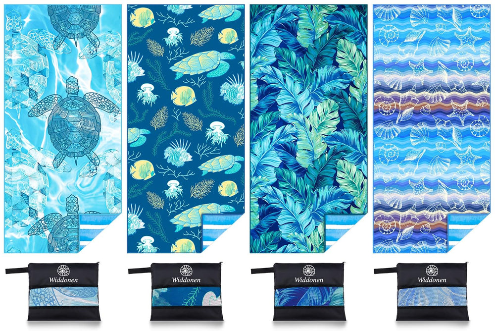 Widdonen 4-pack towels folded neatly with strap for travel convenience.