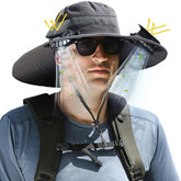 Wide brim solar fan hat with dual mini fans on the front brim - front view