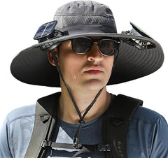 Front view of wide brim solar fan hat with dual fans