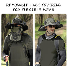 Close-up of dual mini fans and solar panels on a camo hat