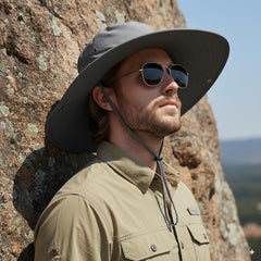 Gray bucket hat with mesh panels for airflow - side view