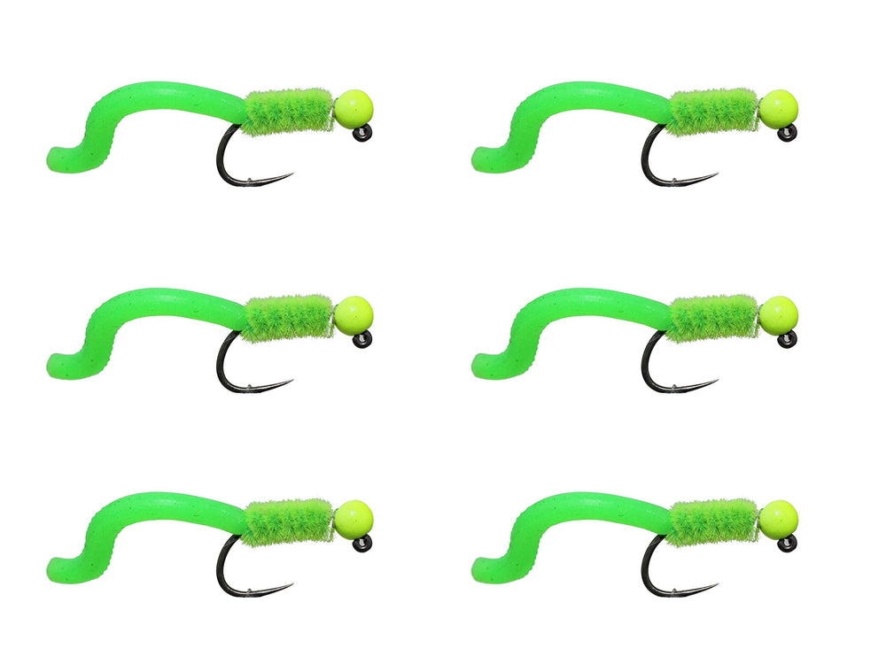 Wild Water chartreuse squirmy worm flies pack-6 size-12 boosts trout and bass fishing potential.
