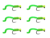 Wild Water chartreuse squirmy worm flies pack-6 size-12 boosts trout and bass fishing potential.