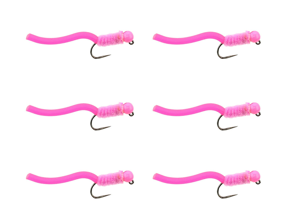 Wild Water pink squirmy worm flies with tungsten bead, reliable sinking for freshwater fishing.