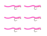 Wild Water pink squirmy worm flies with tungsten bead, reliable sinking for freshwater fishing.