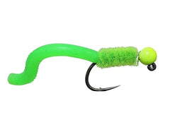 Wild Water squirmy worm fly with tungsten bead closeup highlights durability in fast water.