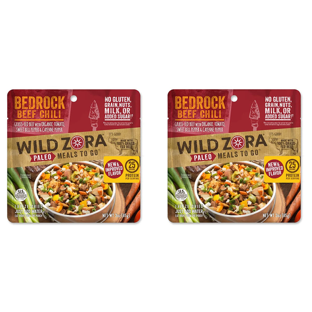 Wild Zora Bedrock Beef Chili 2-pack pouch, ready-to-eat for camping.