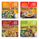 Wild Zora meals 4-pack front cover shows travel-ready camping nutrition.