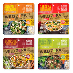 Wild Zora meals 4-pack front cover shows travel-ready camping nutrition.