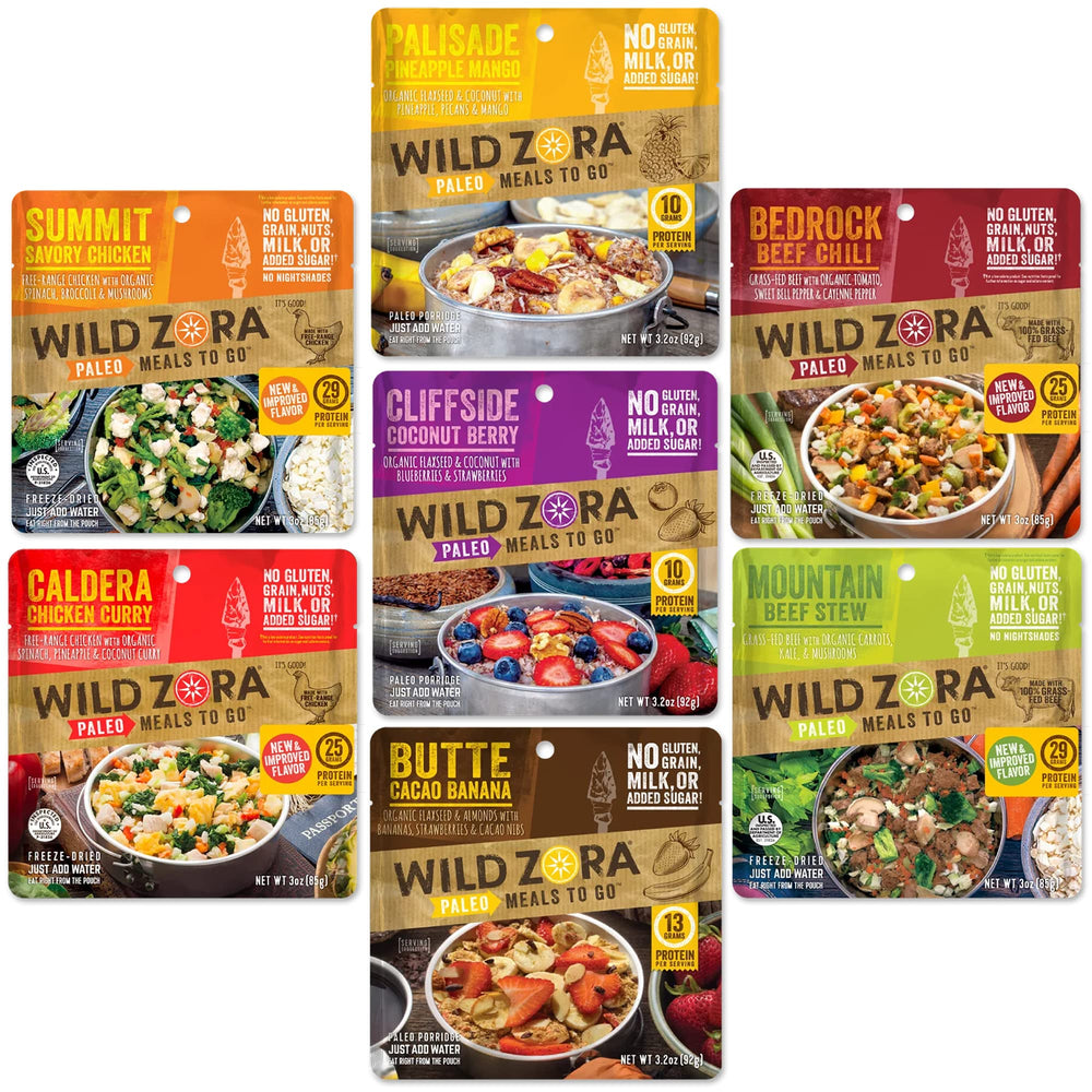 Wild Zora variety 7-pack pouches for convenient camping meals.