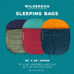 Wilderdog sleeping bag olive packed in stuff sack for easy campsite transport.