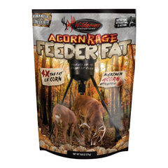 Wildgame Innovations Acorn Rage pellets bag highlights real acorns for fat-rich, year-round deer attractant.