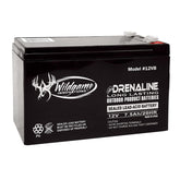 Wildgame Innovations Edrenaline tab-style 12V battery powering feeders in the field.