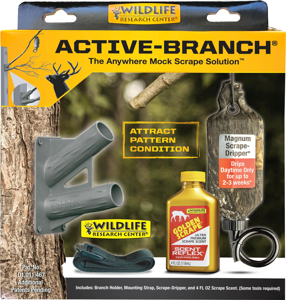 Wildlife Research Center Active-Branch Mock Scrape Kit mounted on a tree for scent placement.