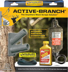 Wildlife Research Center Active-Branch Mock Scrape Kit mounted on a tree for scent placement.