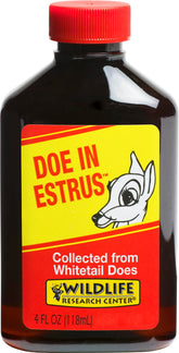 Wildlife Research Center doe estrus attractant bottle enhances deer tracking scent.
