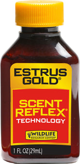 Wildlife Research Center Estrus Gold bottle offers a premium synthetic scent for rut setup.