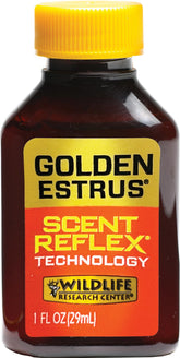 Wildlife Research Center Golden Estrus bottle delivering premium doe urine for estrus attraction.